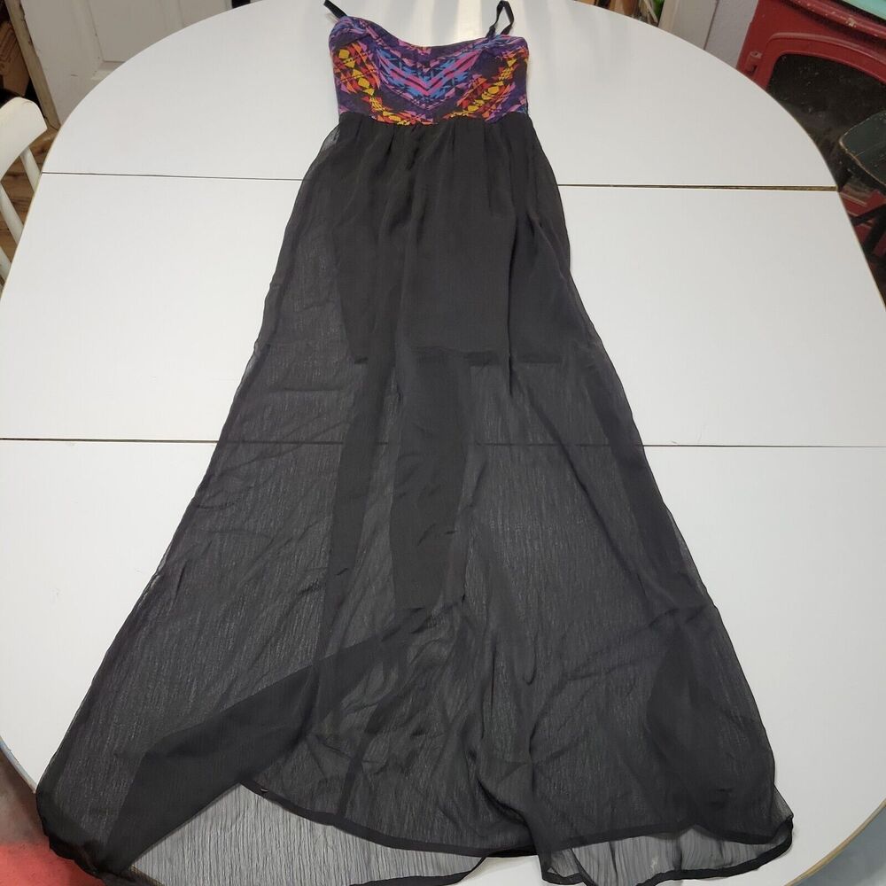Maurices Womens XS A Line Dress Black Aztec Maxi Stretch V Neck Sleeveless Sheer